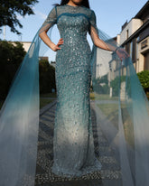 Turquoise Crystal Mermaid Evening Dress With Cape Sleeves
