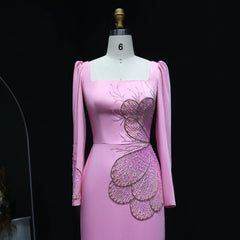 Pink Butterfly Beaded Long Sleeves Squared Neckline Gown