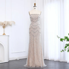 Silver Nude Pearls Strapless Long Evening Dress