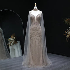 Sparkle Crystal Tulle Evening Dress with Cape Sleeves