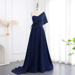 Navy Blue Off-Shoulder Evening Dress with Cape