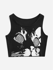 Schwarzes, geripptes, kurzes Tanktop mit abstraktem Print