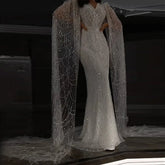 White Feather Mermaid Evening Dresses Cape Sleeves
