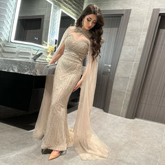 Mermaid Cape Sleeve High Neck Party Gowns