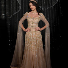 Blue Nude Evening Dress with Cape Sleeves