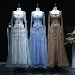 Blue Nude Evening Dress with Cape Sleeves