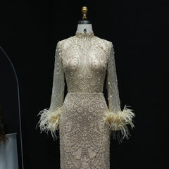 Beaded Feather High Neck Long Sleeves Gown