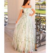 Floral Embroidered Tulle Prom Dresses with Feather