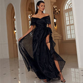 Adult Black off-the-Shoulder Low-Cut Mesh Stitching Princess Elegant High-End Evening Dress for Organza