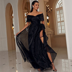 Adult Black off-the-Shoulder Low-Cut Mesh Stitching Princess Elegant High-End Evening Dress for Organza