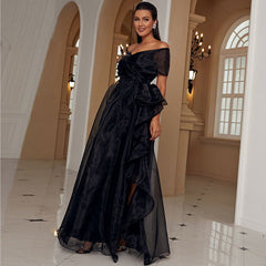 Adult Black off-the-Shoulder Low-Cut Mesh Stitching Princess Elegant High-End Evening Dress for Organza