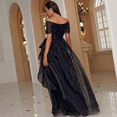 Adult Black off-the-Shoulder Low-Cut Mesh Stitching Princess Elegant High-End Evening Dress for Organza