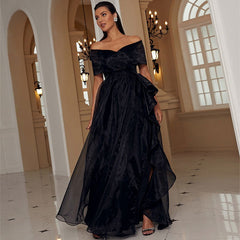 Adult Black off-the-Shoulder Low-Cut Mesh Stitching Princess Elegant High-End Evening Dress for Organza