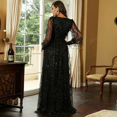Adult Slit Black V-neck Long Sleeve Mesh Stitching Princess Elegant High-End Evening Dress for