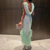 Sage Green Feathers Graduation Prom Dress