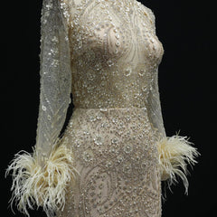Beaded Feather High Neck Long Sleeves Gown