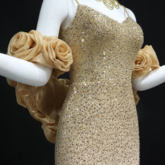 3D Flowers Gold Chokers Evening Dress with Cape
