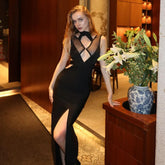 Black Mesh Patchwork Hollow Long Dress