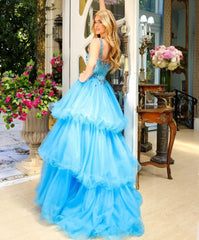 Blue Sparkling Beads Prom Dresses with Tulle Curly Edge