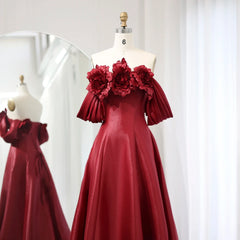 Burgundy 3D Flower Off-Shoulder Satin Evening Dress