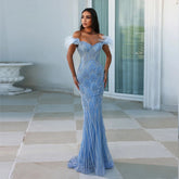 Feathers Beaded Long Prom Formal Gowns