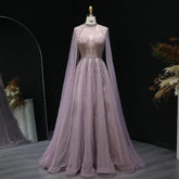 Pink Cape Sleeves Brown Party Gown