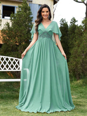 Applique Chiffon Green Evening Dress Slim Fit Flared Sleeves Bridesmaid Dress Cocktail