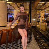 Arrival Mesh Hollow Out Cutout Pleated round Neck Slim Fit Long Sleeved Dress