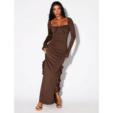 Arrival Pleated Ruffled Stitching High Slit Small Horn Long Sleeved Dress