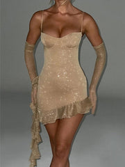 Asymmetrisches Minikleid mit Glitzer und Rüschen