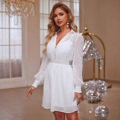 Arrival Dress V neck Buttons Long Sleeve Solid Color Sweet Waist Mesh