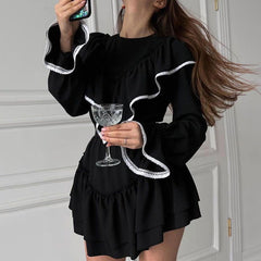 Bell Sleeve Ruffled Dress for Dignified Sense of Design Black Dress