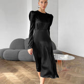 Black Thick Matte Satin round Neck Puff Sleeve Russian Office