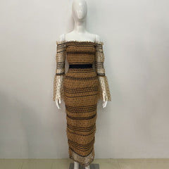 Bubble Sleeve Square Collar Mesh Sequ Stitching Elegant Bandage One Piece Dress