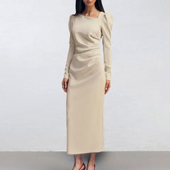 Casual Elegant Irregular Asymmetric Collar Puff Sleeve Tight Split Dress Khaki Maxi Dress