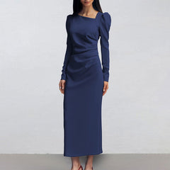 Casual Elegant Irregular Asymmetric Collar Puff Sleeve Tight Split Dress Khaki Maxi Dress