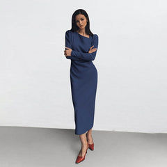 Casual Elegant Irregular Asymmetric Collar Puff Sleeve Tight Split Dress Khaki Maxi Dress