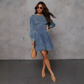 Casual Patchwork Tight Waist Denim Long Sleeve Dress