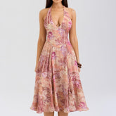 Casual Waist Controlled Slim Fit Slimming Paisley Halter Backless Dress