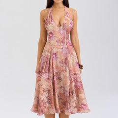 Vestido informal ajustado con cintura controlada y diseño de cachemira, estilo halter y sin espalda