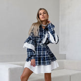 Classic Retro Cool Contrast Color Irregular Asymmetric Ruffled Plaid Long Sleeve Dress High Grade Short for