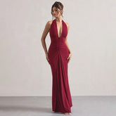 Elegant Slim Fit V neck Halter Pleated Slimming Foundation Dress