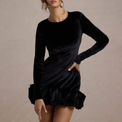Elegant Velvet Round Neck Three Dimensional Pleated Hem Long Sleeve