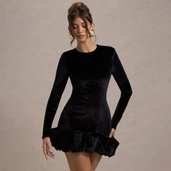Elegant Velvet Round Neck Three Dimensional Pleated Hem Long Sleeve