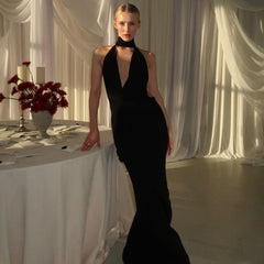 Elegant Black White Slim Halter Maxi Dress One Shoulder Backless Dress