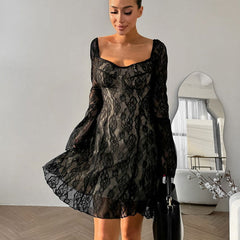 French Black Design Lace Hollow Out Cutout out Elegant Square Collar Puff Sleeve Slim Fit Tied