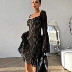 French Black Design Lace Hollow Out Cutout out Elegant Square Collar Puff Sleeve Slim Fit Tied