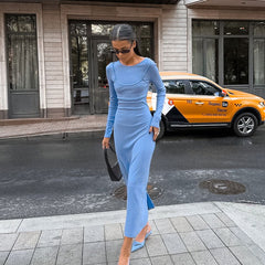Fresh Blue Slim Fit Design Knitted Sunken Stripe Round Neck Straight Split Dress