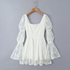 Lace Stitching Elegant Lady Lotus Rhizome Node Solid Color Dress Short Dress