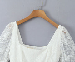 Lace Stitching Elegant Lady Lotus Rhizome Node Solid Color Dress Short Dress